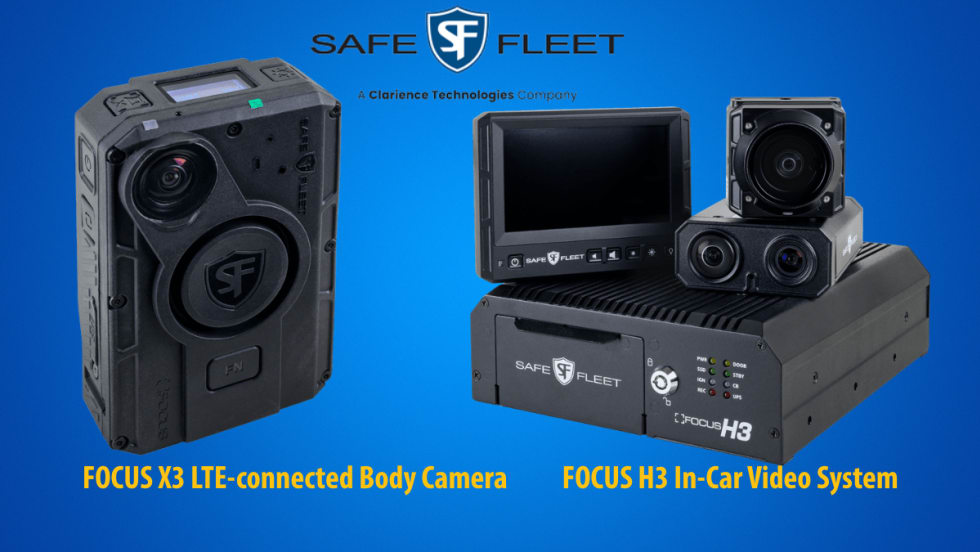 Blue background with Safe Fleet logo and a body-worn camera and a dash camera n front.