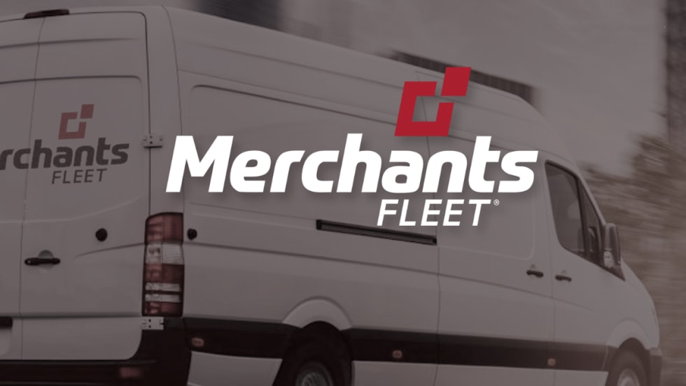 Merchants Fleet delivery van featuring the company logo, representing its expanded partnership with UFOFLEET for automated fleet management solutions.
