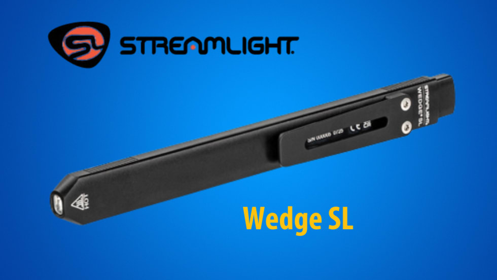small pen like flashlight against a blue background with inset Streamlight logo.