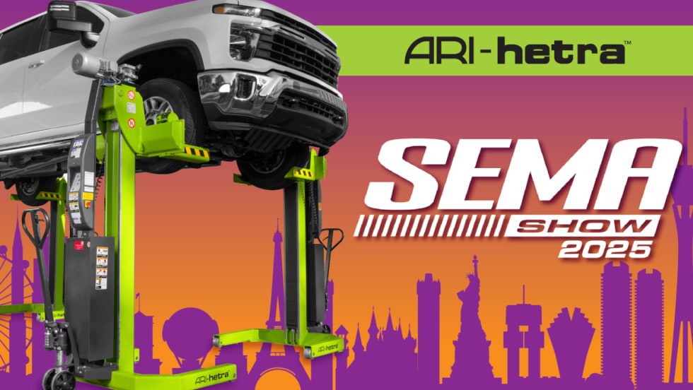 bright purple and orange and yellow graphc about SEMA Show with an image of a truck on a lift.