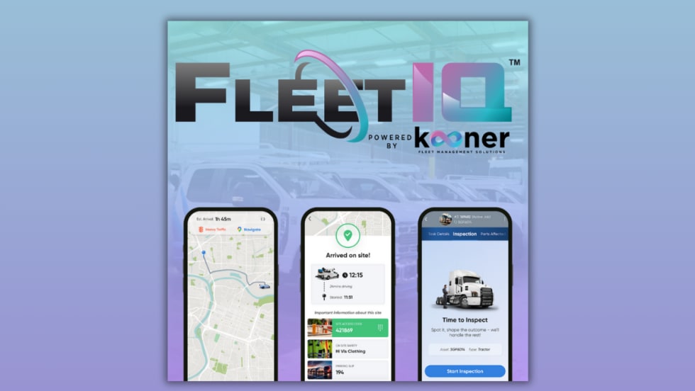 FleetIQ by Kooner Fleet Management Solutions graphic showing the FleetIQ logo and mobile app interface with map navigation, technician arrival, and vehicle inspection screens.