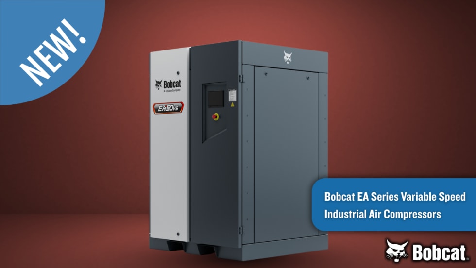 Bobcat EA50VS variable speed industrial air compressor displayed on a red background with text reading “Bobcat EA Series Variable Speed Industrial Air Compressors.”