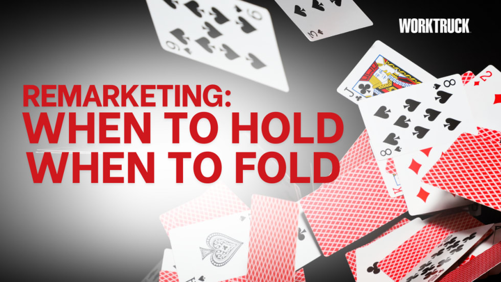 Playing cards scatter across a dark background with bold red text reading “Remarketing: When to Hold, When to Fold,” representing fleet managers’ strategic decisions on vehicle resale timing.