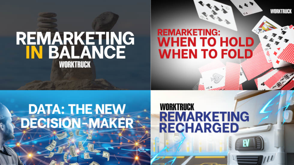 Four cover graphics from Work Truck’s 2025 Remarketing Report Series highlighting themes of balance, timing, data, and electrification in today’s evolving fleet resale market.