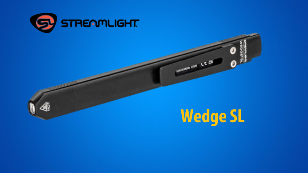 Thin black pen light against a blue background with logo for Streamlight and yellow text that reads Wedge SL.
