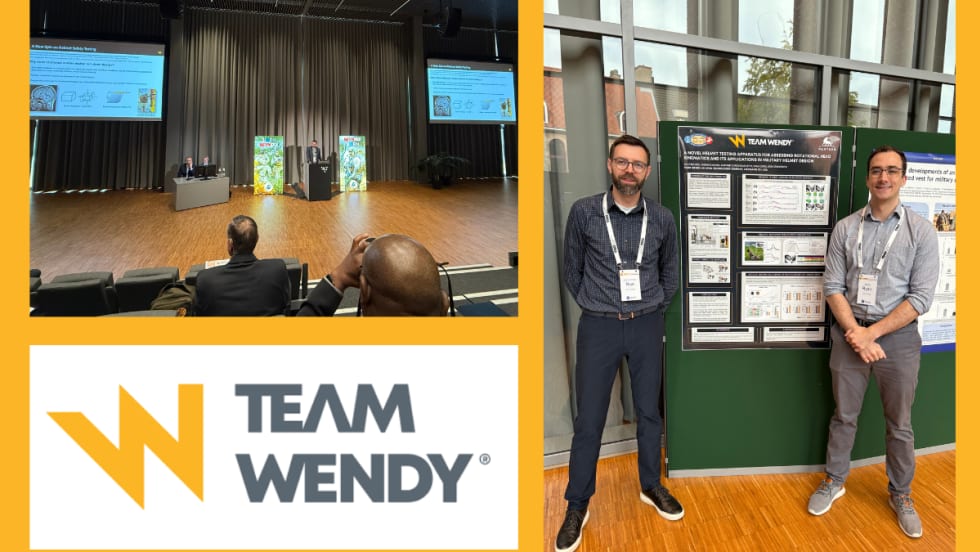 image of conference stage top left, inset image of two men standing at right, and lower left logo for Team Wendy