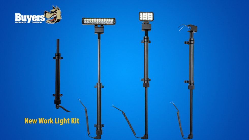 Set of work truck lights on extendable booms set against a blue background and a logo for Buyers Products.