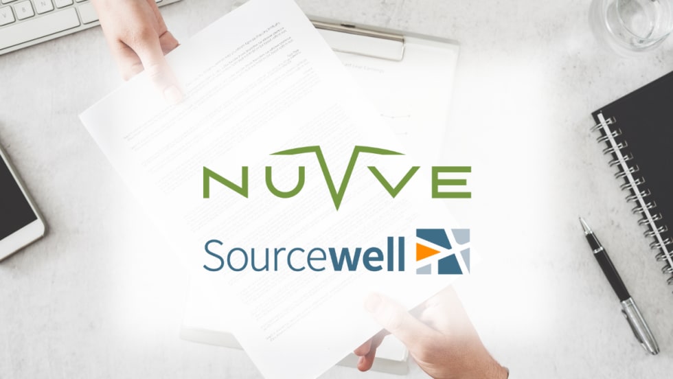 Logos of Nuvve and Sourcewell over a background of hands exchanging a contract, symbolizing their new partnership to support public fleet electrification.