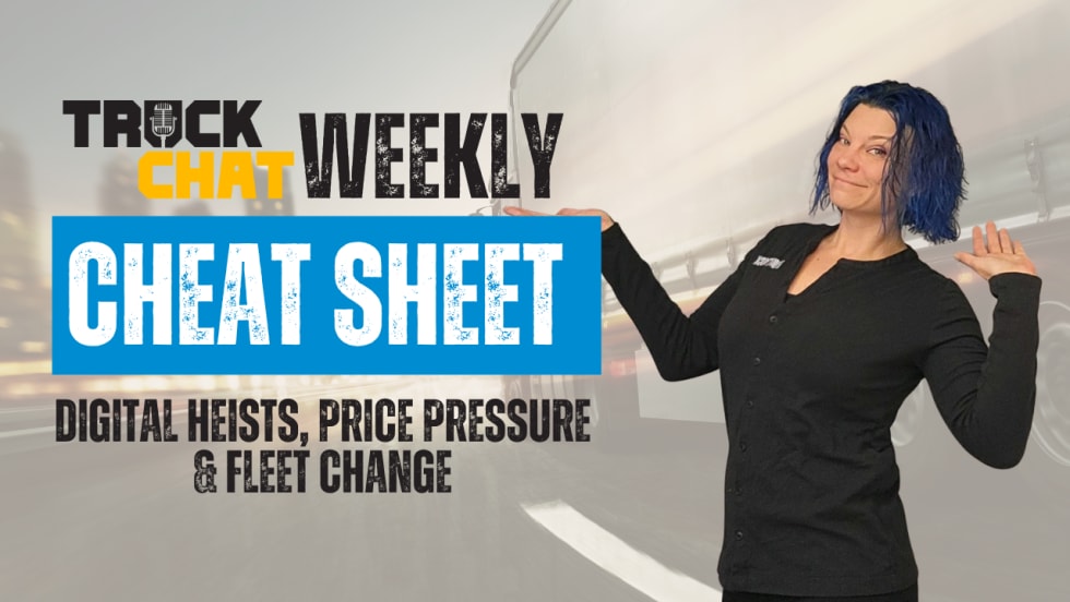 Lauren Fletcher hosts Truck Chat Weekly Cheat Sheet episode on digital heists, price pressure, and fleet change, standing in front of a blurred truck background.