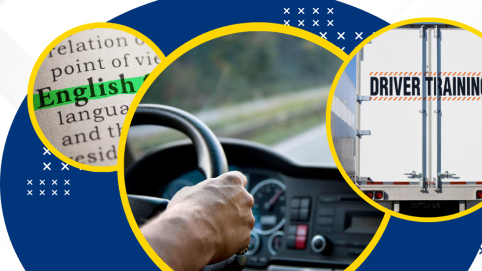 Illustration of truck driver behind the wheel, driver training truck