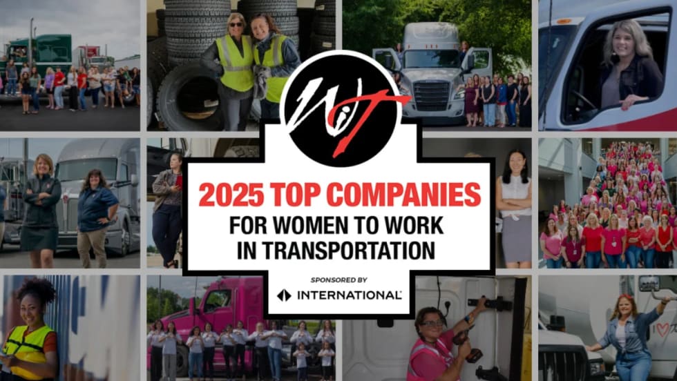 Collage of women working in trucking and logistics surrounding the Women In Trucking 2025 Top Companies for Women to Work in Transportation logo, sponsored by International.