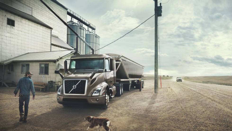 Volvo truck parked at a rural location with a driver and dog nearby.