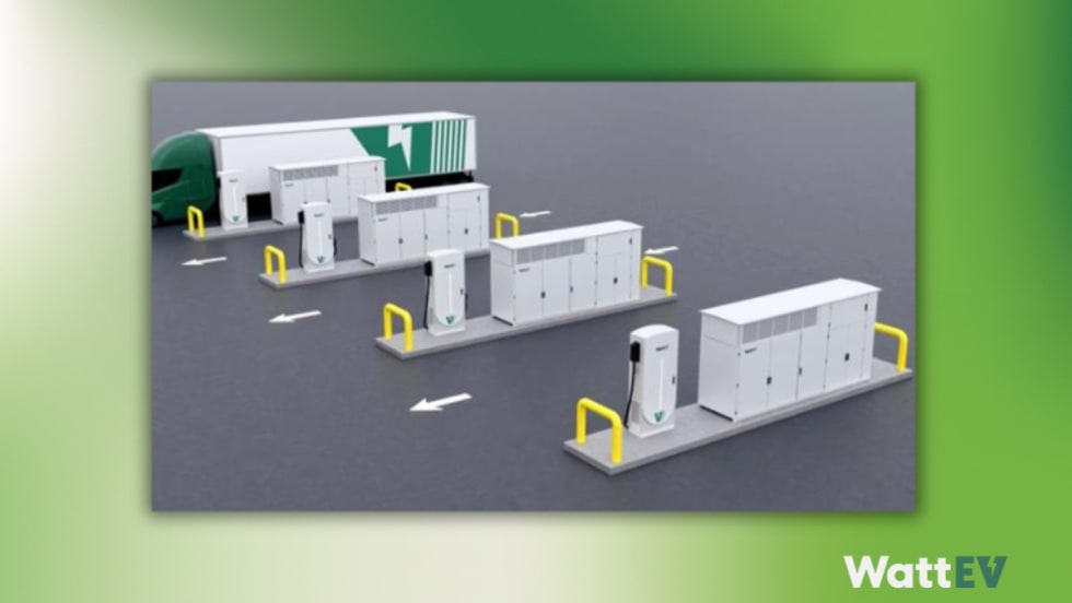 Rendering of a WattEV heavy-duty electric truck charging site showing multiple megawatt charging units connected by compact Solid-State Transformer cabinets.