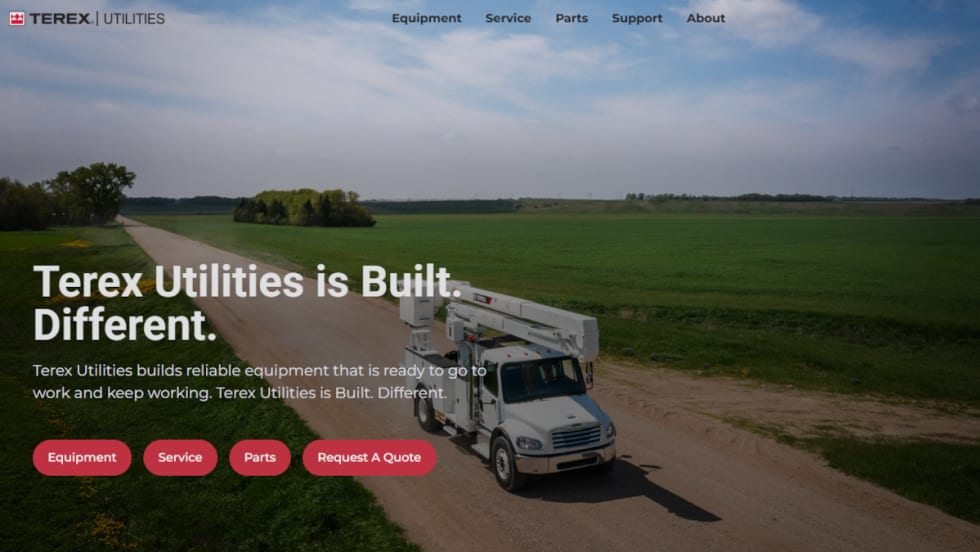 Screenshot of Terex Utilities website featuring a photo of a bucket truck driving down a road.