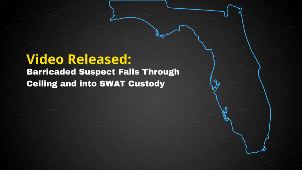Black background with blue graphic outline of state of Florida and headline Video Released: barricaded Suspect Falls Through Ceiling and Into SWAT Custody.