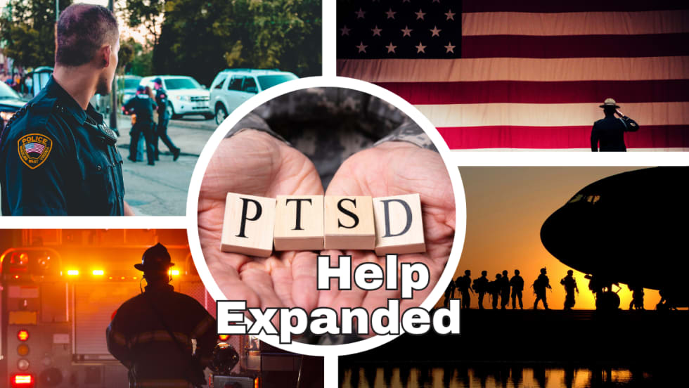 center circle image of PTSD Help Expanded surrounded by military and first responder images