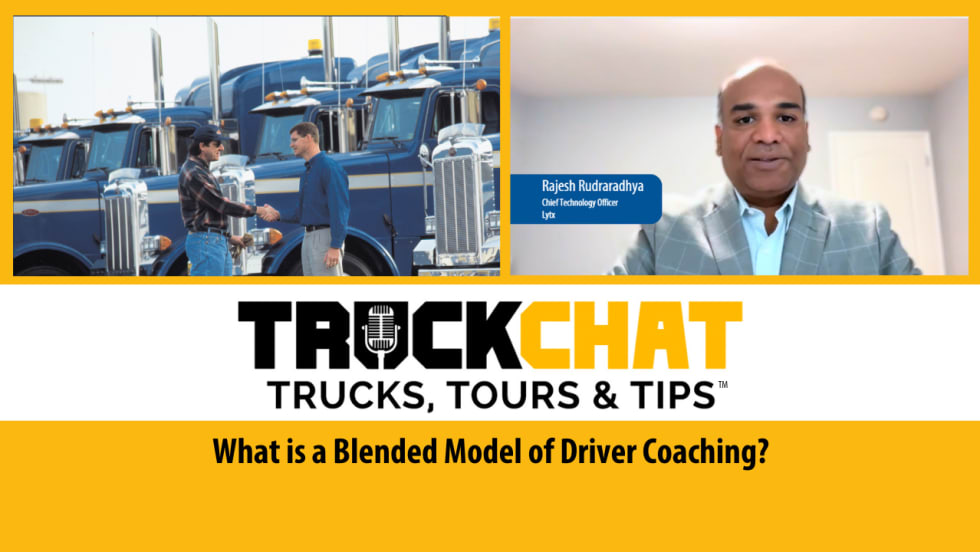 Thumbnail for Truck Chat Trucks, Tours & Tips video series with two inset photos and headline What is a Blended Model of Driver Coaching?