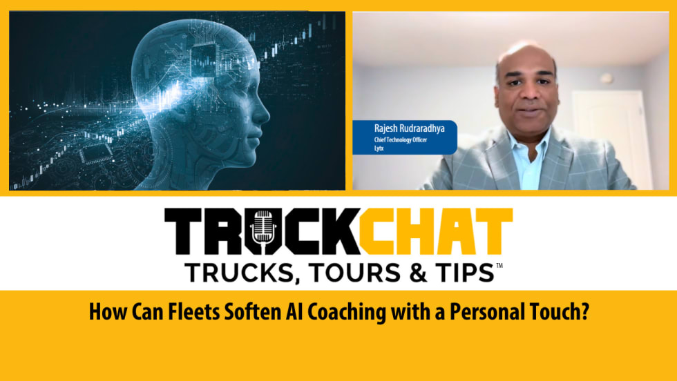 Thumbnail for video series Truck Chat Trucks, Tours & Tips with headline How Can Fleets Soften AI Coaching with a Personal Touch? and inset illustration of AI and photo of a man.