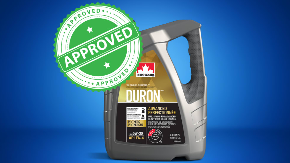 Image of a Petro-Canada Lubricants Duron Advanced 5W-30 container with an “Approved” stamp, highlighting its new Volvo and Mack engine approvals.