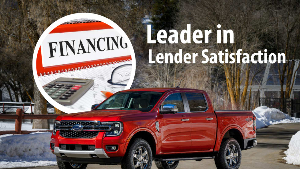Red pickup truck with inset round photo illustrating financing and a calculator, headline Leader in Lender Satisfaction.
