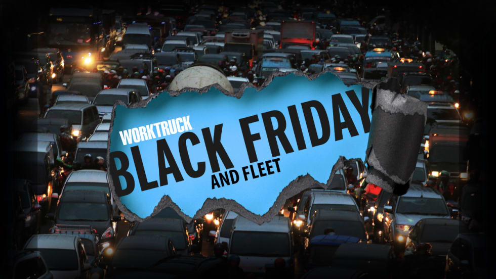 Work Truck Black Friday and Fleets on ripped paper over congested holiday traffic.