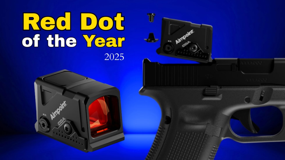 blue background with image of a red dot sight and also second image of the red dot on a handgun lower right