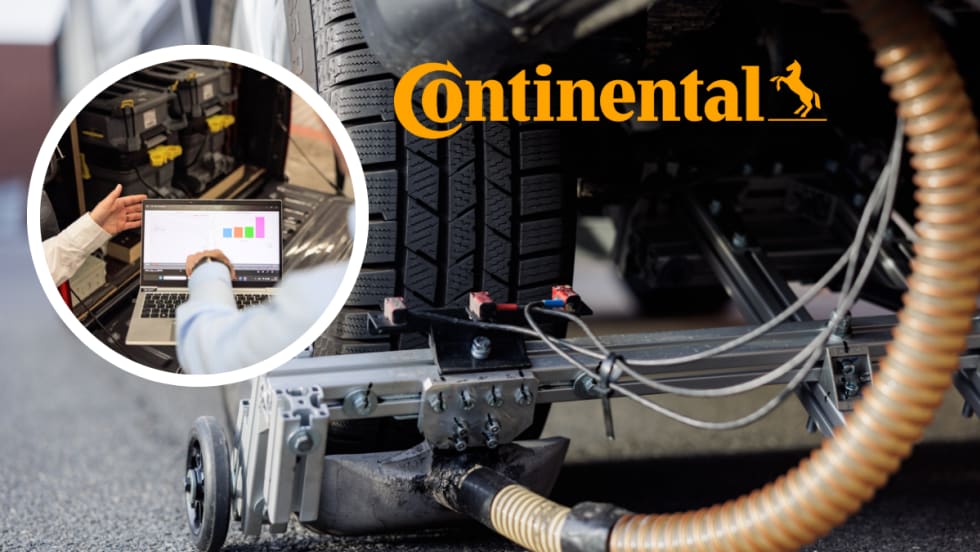 Photo of a vacuum device behind a car tire with inset logo for Continental and a round photo of two people looking at analytics chart.
