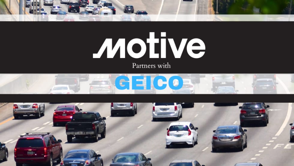 background image of highway traffic with black strip across middle and white logo for Motive with words Partners With and blue text GEICO.
