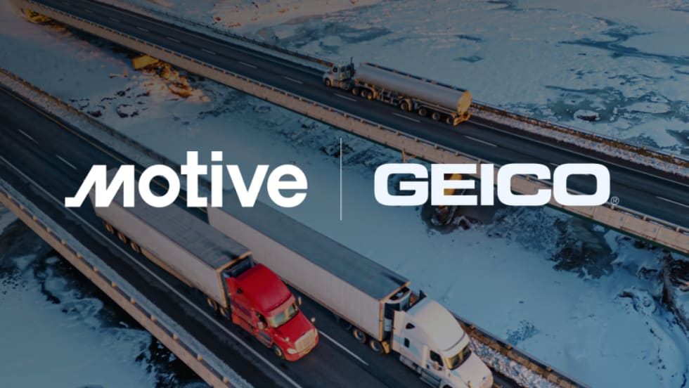 Aerial view of two semi-trucks on snowy highways with Motive and GEICO logos overlaid, representing a new safety and insurance partnership for commercial fleets.