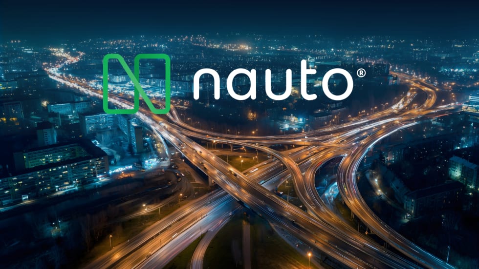 Background aerial photo of traffic on a highway in a city and inset logo for Nauto.