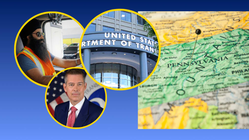 Graphic with Pennsylvania map and photos of a Sikh truck driver, DOT headquarters, and Transportation Secretary Sean Duffy