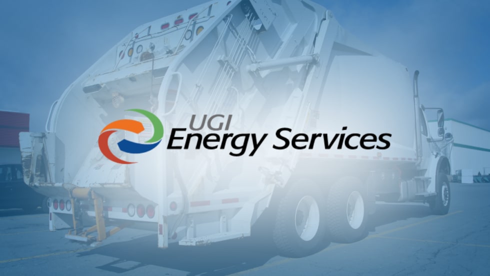 UGI Energy Services logo over an image of a CNG trash compactor truck, representing Philadelphia’s move to fuel refuse vehicles with renewable natural gas.