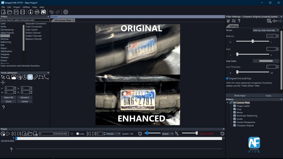 Screenshot of compute screen showing a blurred license plate compared to an image where the image has been enhanced to show the numbers and letters.