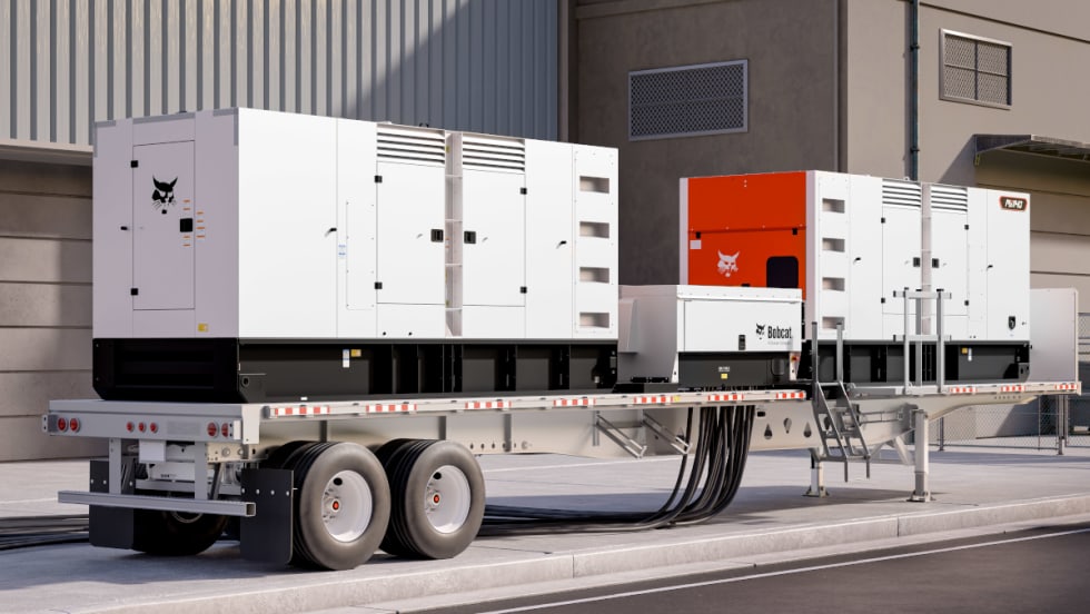 Side view of a flatbed trailer with two large mobile generators.