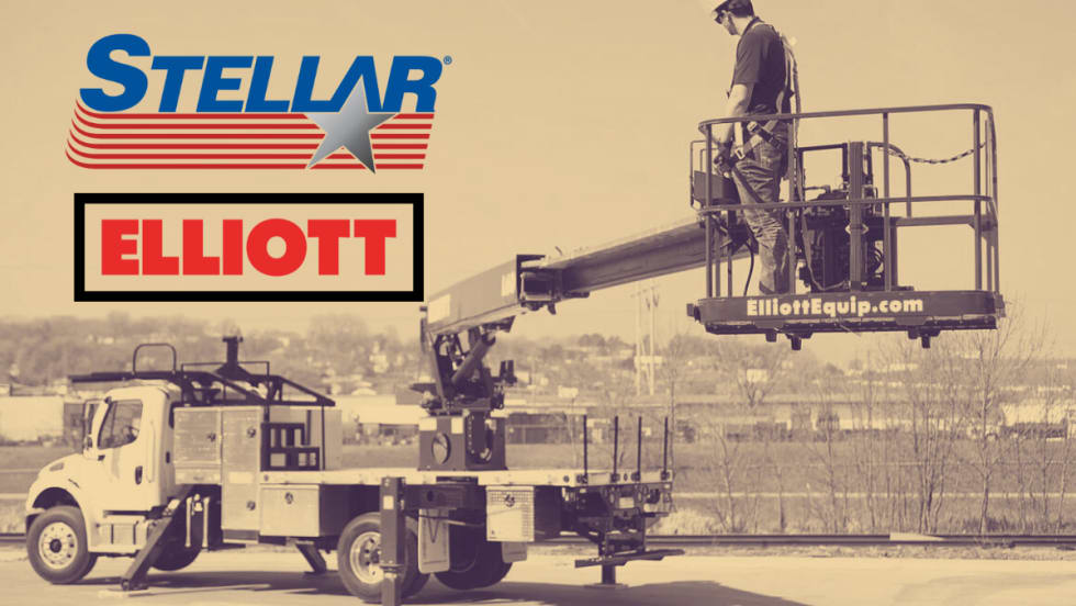 Sepia background photo of a man working on an aerial platform truck and inset logos for Stellar and Elliott.