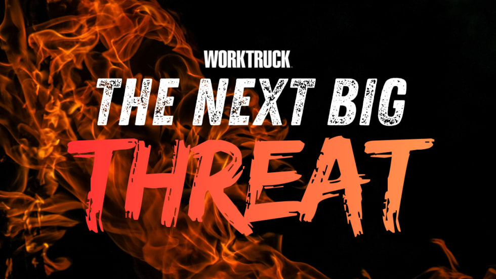 Flames behind bold text “The Next Big Threat,” illustrating how wildfire dangers are shifting from roads to fleet facilities and sparking urgent conversations about structural resilience.