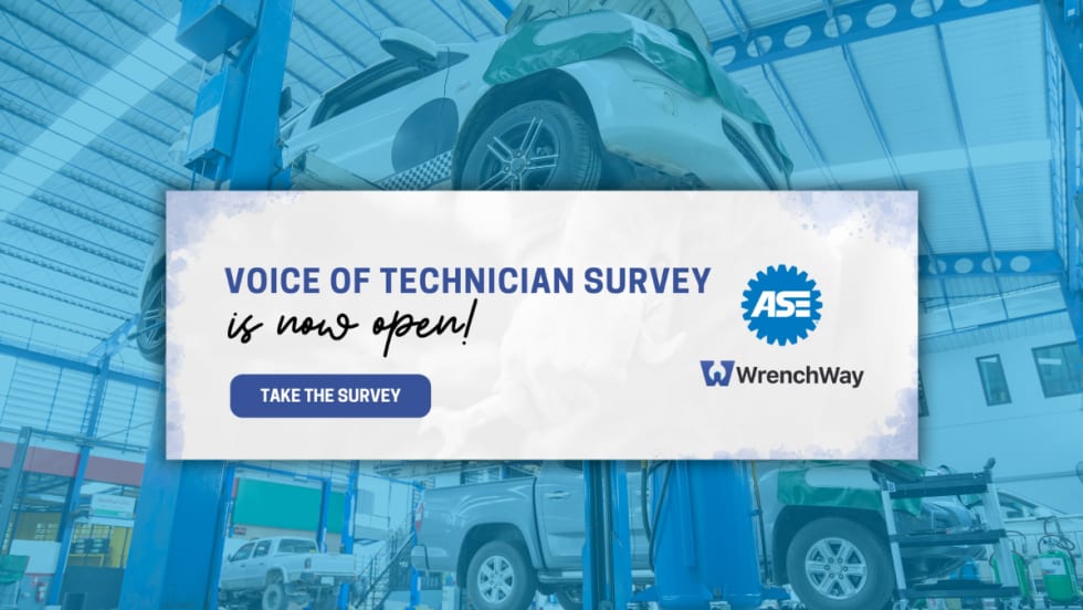 Promotional graphic for the “Voice of Technician Survey is now open” with ASE and WrenchWay logos and a “Take the survey” button over a vehicle service bay background.