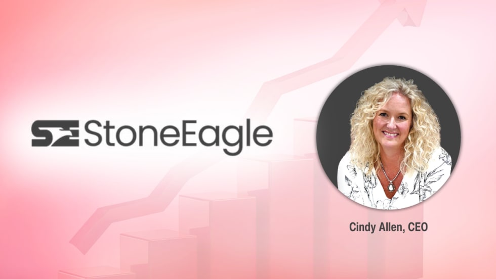 StoneEagle logo beside a headshot of Cindy Allen, CEO, on a pink background with a stylized upward-trending chart.
