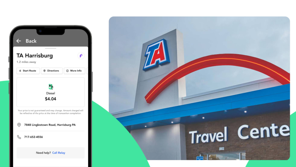 Inset photo to right of a TA Travel Center and inset photo on left of a phone screen with fuel payment app.