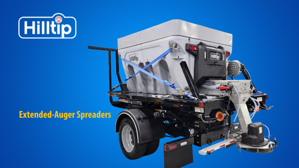 Truck or trailer mounted spreader for treating winter roads set against a blue background and logo for Hilltip.