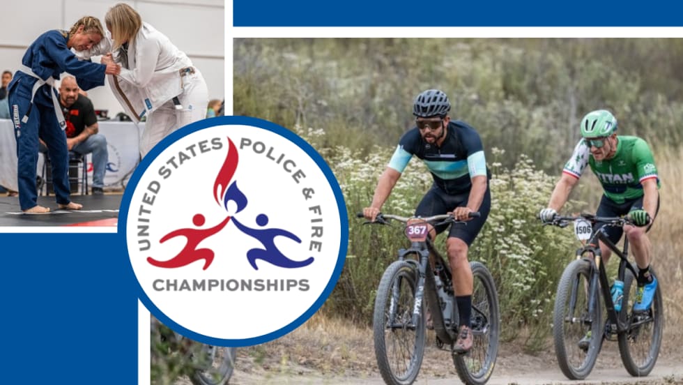 image of men on bicycles and women competing in martial arts and a log for the US Police & Fire Championships 