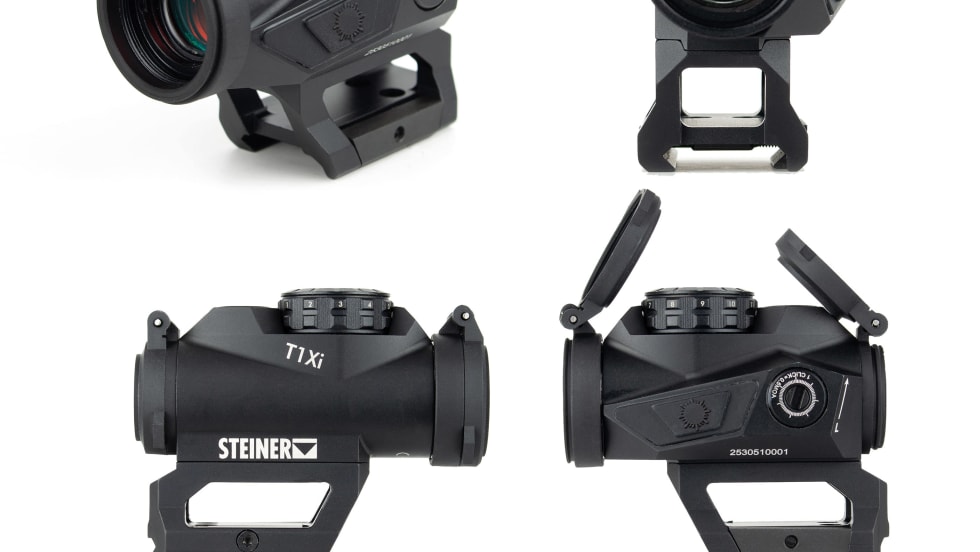 white background with four views of a rifle red dot sight.