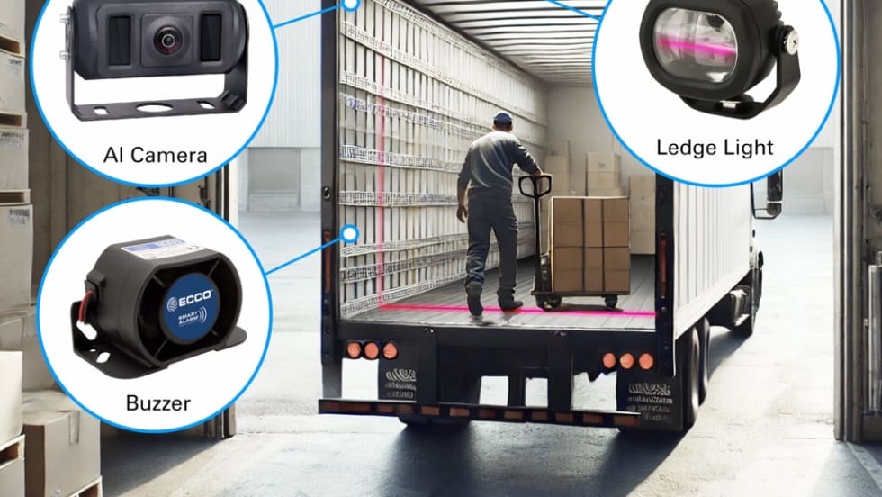 Image of man unloading cargo in back of box truck, inset images of three different cameras and sensors.