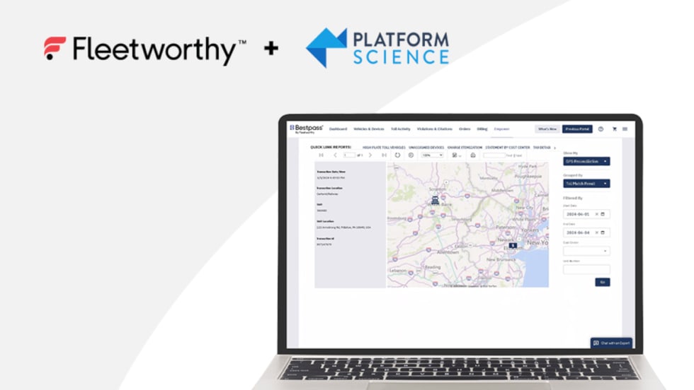 Laptop screen showing a map and additional images of logos for Fleetworthy and Platform Science.