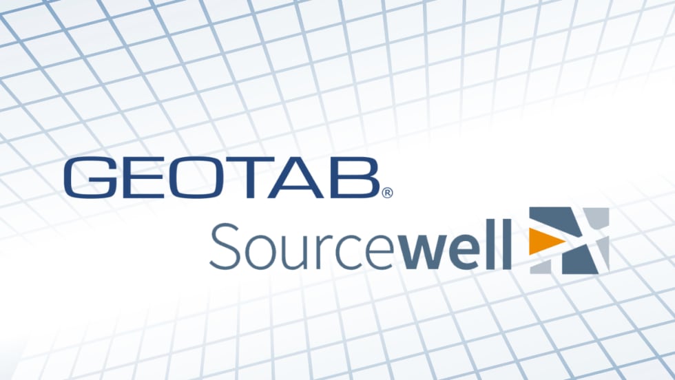 Graphic showing Geotab and Sourcewell logos on a light background with grid lines, indicating a cooperative purchasing agreement for public sector fleet solutions.