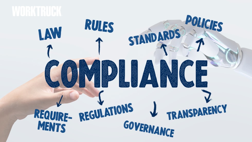 Illustration showing AI and human hands pointing to compliance elements including laws, rules, policies, regulations, transparency, and governance, representing how fleets use AI to manage compliance