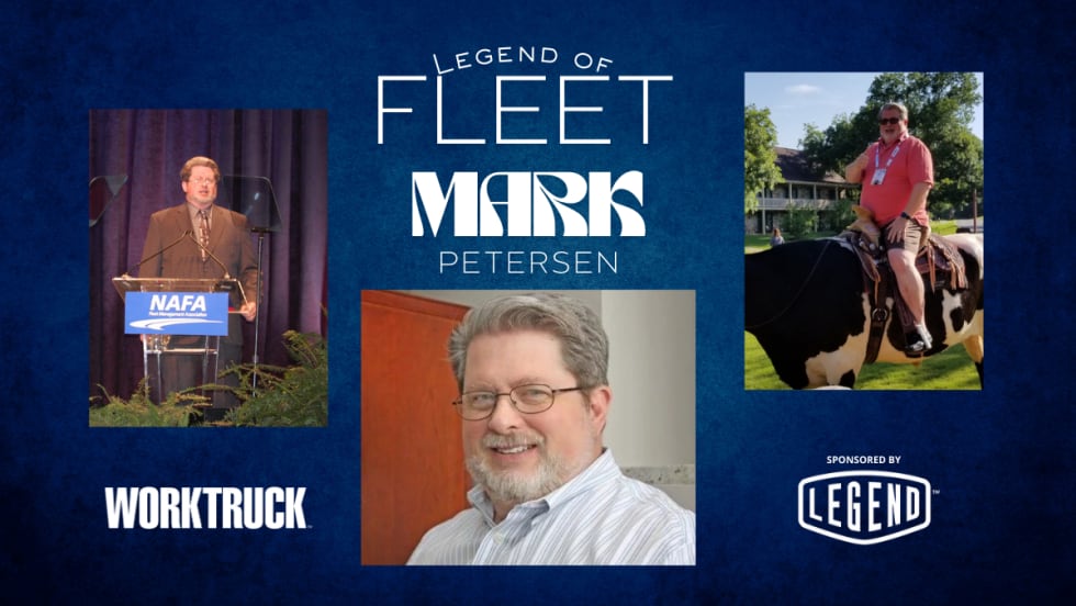 Legend of Fleet honoree Mark Petersen shown in a collage of career moments, highlighting his four-decade impact on fleet management through leadership, service, and industry relationships.