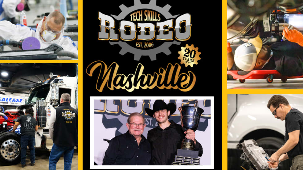 Black background with logo for Rush Rodeo in the middle above a photo of a winner accepting a trophy and two images on either side depicting truck repair.