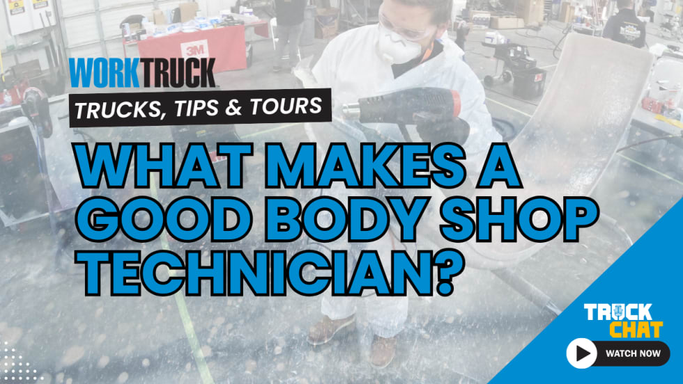 Background image of a body shop technician working on a fender and logos for Truck Chat: Trucks, Tours & Tips and headline What Makes a Good Body Shop Technician?