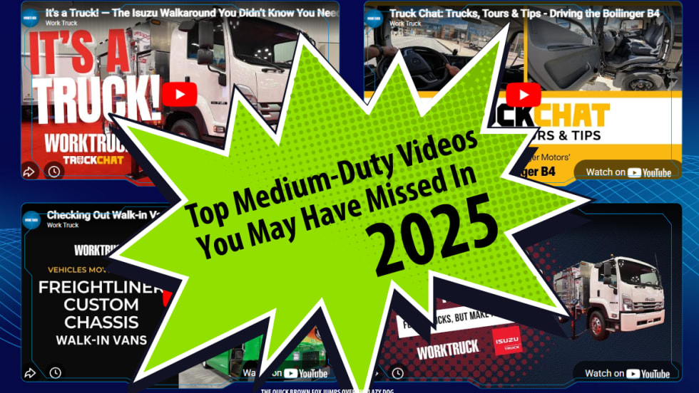 Four video thumbnails against a blue background with bright green starburst with inset headline Top Medium-Duty Videos You May Have Missed In 2025.